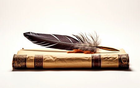 8K Realism of Antique Quill Pen on an Old Book with Crisp White Background Generative By Ai.の素材