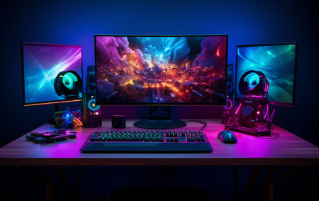 Precision LED Lighting in Computer Gaming Setup Generative By Ai.の素材