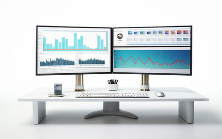 Computer Desk with Dual-Monitor Setup on White Generative By Ai.の素材