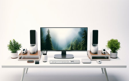 Tidy Computer Desk Setup with Peripherals on White Generative By Ai.の素材