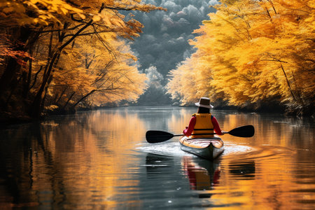 A Woman Kayaking with a Yellow Kayak Generative By Ai.の素材