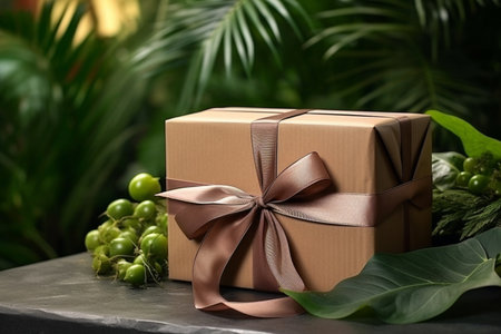Brown Cardboard Gift Box Adorned with Ribbon and Bow Generative By Ai.の素材