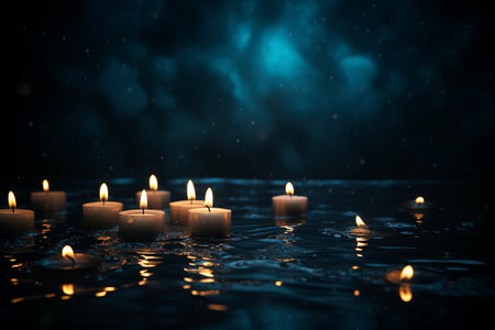 Burning Candles on the Floor in Darkness Generative By Ai.の素材