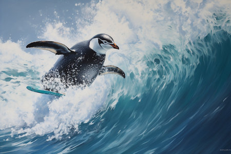 Penguins Riding the High Surf on Blue Ice Generative By Ai.の素材