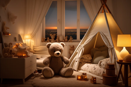 Cozy Children's Bedroom with Toys and Teddy Bear Generative By Ai.の素材