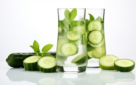 Cucumber and Mint-Infused Water On White Background Generative By Ai.の素材
