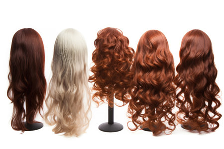 Discover a Diverse Array of Stunning Brown Hair Wigs On White Background Generative By Ai.の素材