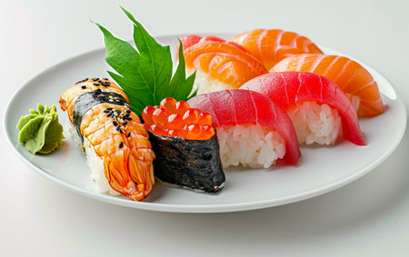Realistic 8k Sushi Plate On White Background Generative By Ai.の素材