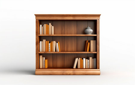 8k Realistic Wooden Bookcase On White Background Generative By Ai.の素材