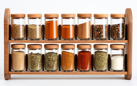 Realistic 8k Wooden Spice Rack in Action On White Background Generative By Ai.の素材
