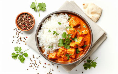 Traditional Indian Curry Dish with Basmati Rice for World Food Day On White Background Generative By Ai.の素材