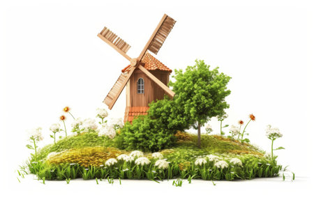 Celebrating World Food Day with a Sustainable Agriculture Windmill On White Background Generative By Ai.の素材