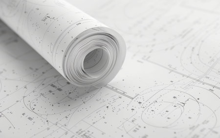 Blueprint Roll and Engineering Drawing On White Background Generative By Ai.の素材