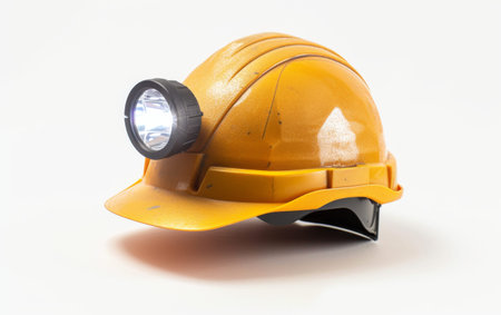 Advanced Illumination with Electrical Engineers Hard Hat and Headlamp On White Background Generative By Ai. On White Backgroundの素材