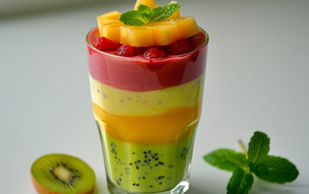 Layered Tropical Fruit Smoothie in Glass On White Background Generative By Ai.の素材