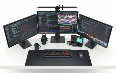 Elevate Your Workspace with Dual Monitors for Mechanical Engineers On White Background Generative By Ai.の素材