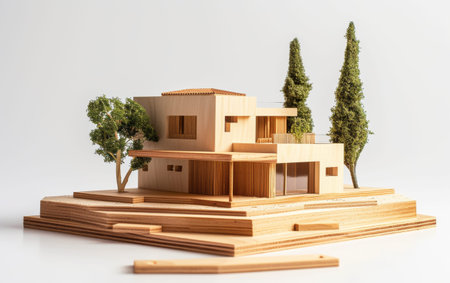 Model Building Kit with Miniature Architectural Structures On White Background Generative By Ai.の素材