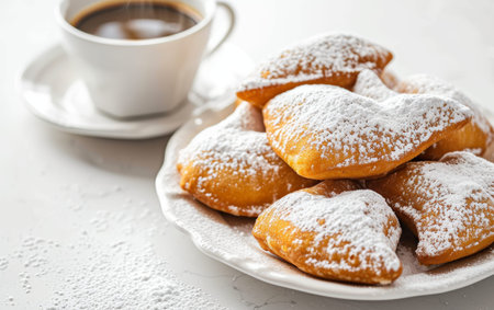 Mardi Gras Beignets Served with Hot Coffee On White Background Generative By Ai.の素材