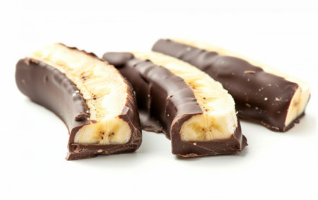 Indulging in Chocolate-Covered Banana Slices On White Background Generative By Ai.の素材