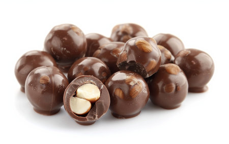 Indulging in Chocolate-Covered Hazelnuts Delight On White Background Generative By Ai.の素材