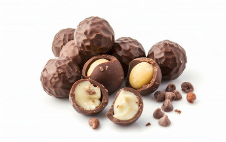 Tempting Tastebuds with Chocolate-Coated Macadamia Elegance On White Background Generative By Ai.の素材