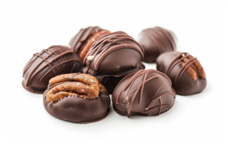 Tempting Tastebuds with Chocolate-Coated Pecan Elegance On White Background Generative By Ai.の素材