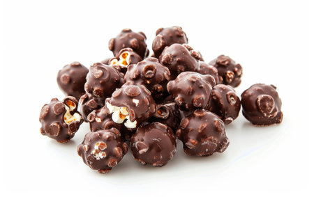 Tempting Tastebuds with Chocolate-Coated Popcorn Elegance On White Background Generative By Ai.の素材