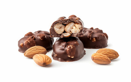Savoring Chocolate-Covered Nuts Delight On White Background Generative By Ai.の素材