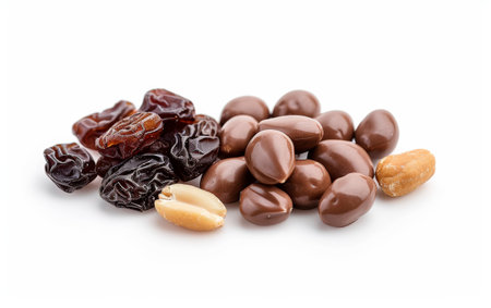 Tempting Tastebuds with Chocolate-Coated Raisin and Peanut Elegance On White Background Generative By Ai.の素材