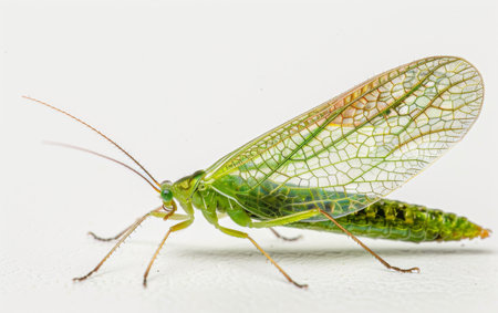 The Delicate Elegance of a Green Lacewing On White Background Generative By Ai.の素材