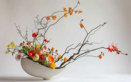 Exploring Ikebana Flower Arrangements On White Background.の素材