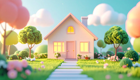A beautiful 3D cartoon-style illustration showing a cozy house surrounded by a green yard with trees and flowers. Rendered in soft pastel tones and clay-like textures, this artworkの素材