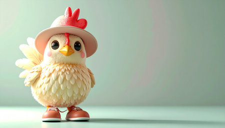 A funny and adorable 3D cartoon-style illustration of a chicken wearing a stylish hat and shoes. Rendered in soft pastel tones with smooth clay-like textures and a minimalist backgの素材