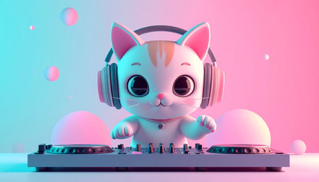 A fun and charming 3D cartoon-style illustration of a cat acting as a DJ, wearing headphones and playing music on a DJ mixer. Designed in soft pastel tones and clay-like textures,の素材