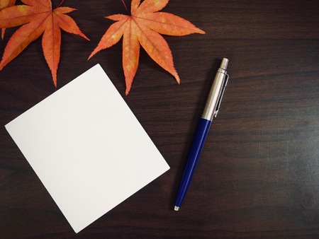Maple leaves and photographs, postcards, notesの写真素材