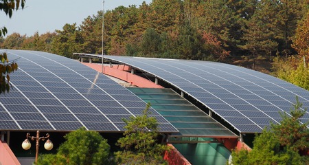 Parking lot with solar panel in Korea and building roofの写真素材