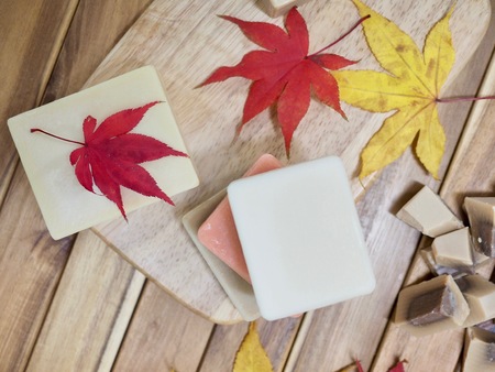Various natural soaps, Autumn, Maple Leafの写真素材