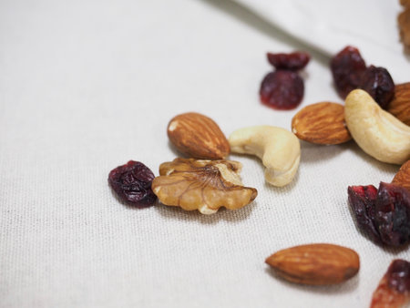 Nut mix, almonds, walnuts, cashew nuts, raspberries,