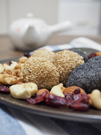 Asian food Sesame glutinous rice cake, Black sesame glutinous rice cake, Nut mixの写真素材