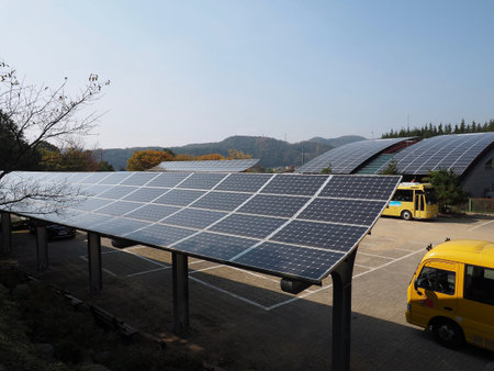 Parking lot with solar panel in Korea and building roof