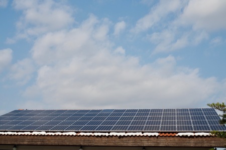 Korea, solar panel, house roof, winter, snowの写真素材