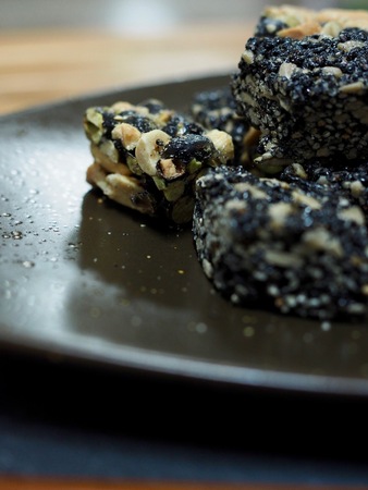 Korean traditional snacks Sweet Rice Puffs, Black sesame gangjeongの写真素材
