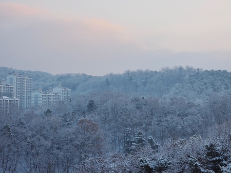 Apartment in Korea Cheongju City, winter, Snowの写真素材