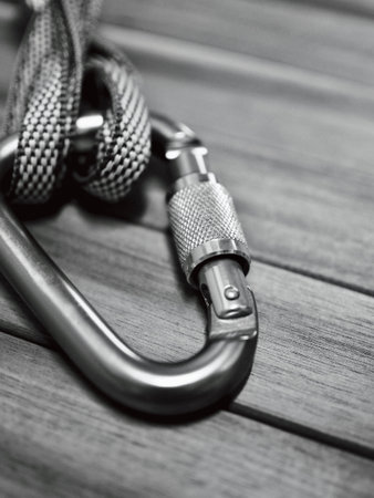 Rock climbing equipment Quickdor, Black and white photo