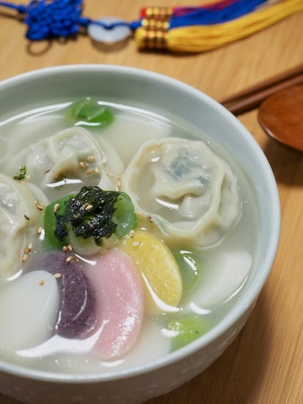 Korean traditional food Sliced ??Rice Cake Soup, Tteok and dumpling soupの写真素材