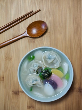 Korean traditional food Sliced ??Rice Cake Soup, Tteok and dumpling soupの写真素材