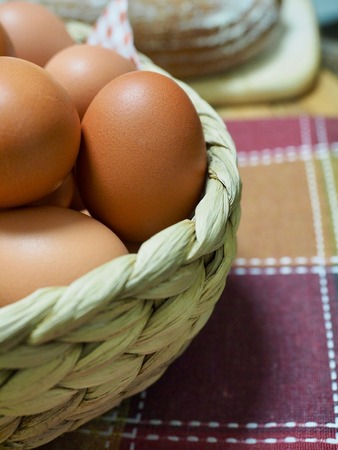 Eggs in a basket and a fresh eggの写真素材