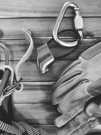 Rook Climbing Safety Equipment, Black and white photoの写真素材