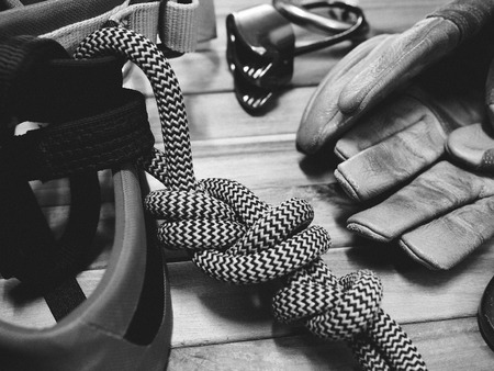 Rook Climbing Safety Equipment, Black and white photoの写真素材