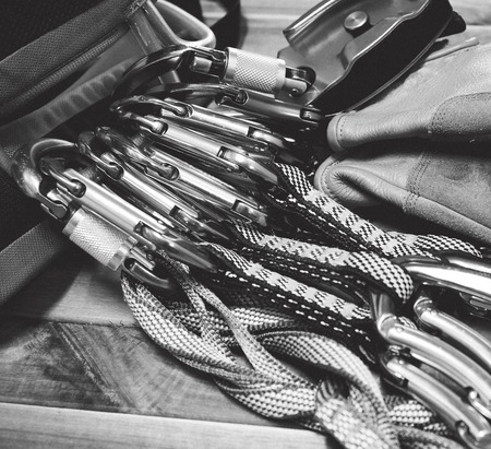 Rook Climbing Safety Equipment, Black and white photoの写真素材